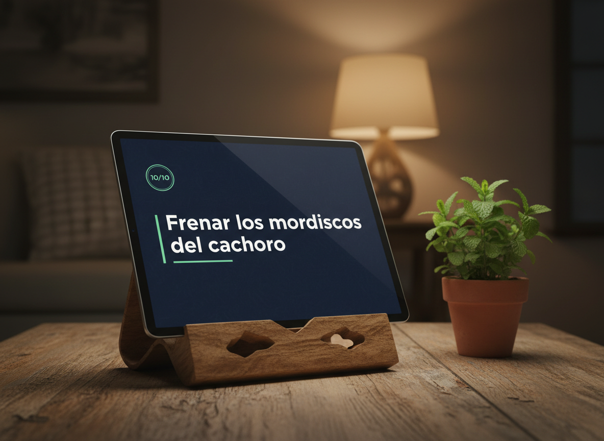 La guía Frenar los mordiscos en una tablet, en una casa cálida de noche.